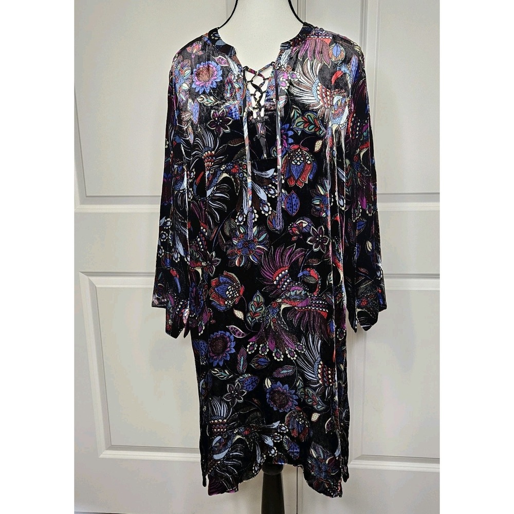 Johnny Was Workshop Avya Velvet Dress Front Tie Kimono Tunic Peacock Size Medium